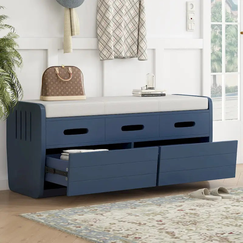 Banc de rangement rustique avec 2 tiroirs, espace de rangement dissimulé et 3 faux tiroirs sur le dessus