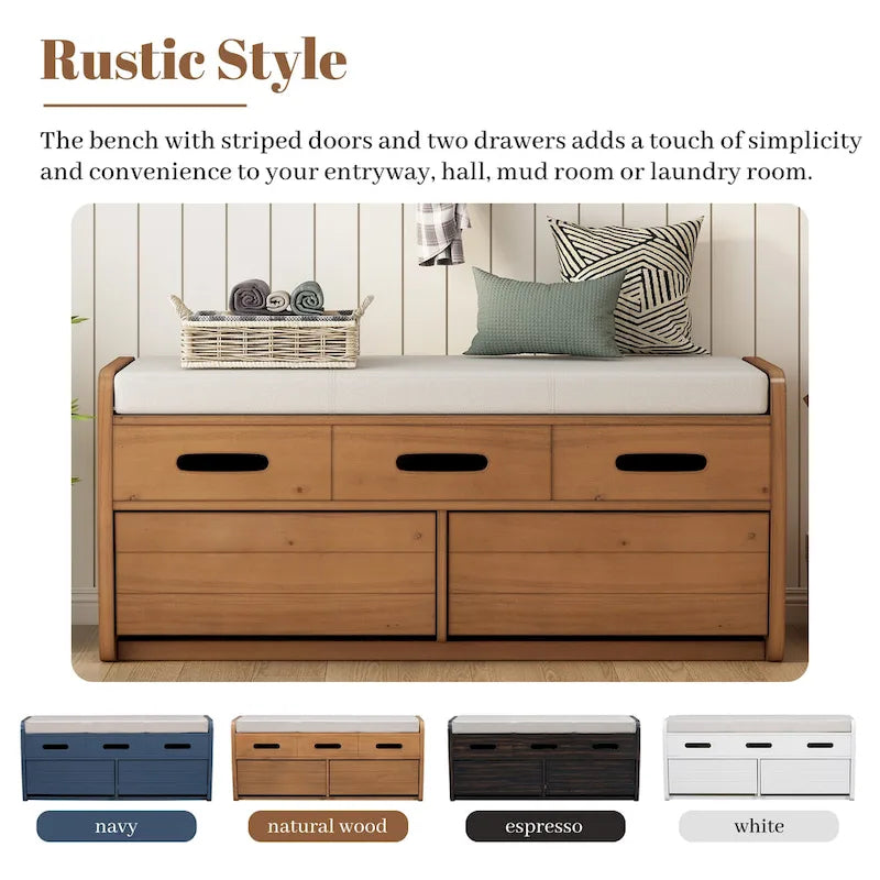 Banc de rangement rustique avec 2 tiroirs, espace de rangement dissimulé et 3 faux tiroirs sur le dessus