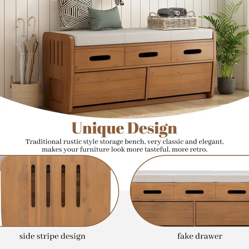Banc de rangement rustique avec 2 tiroirs, espace de rangement dissimulé et 3 faux tiroirs sur le dessus