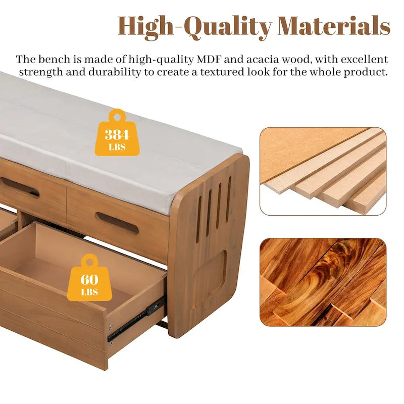 Banc de rangement rustique avec 2 tiroirs, espace de rangement dissimulé et 3 faux tiroirs sur le dessus