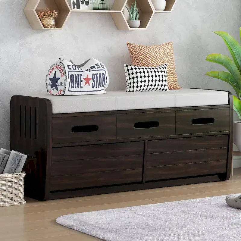Banc de rangement rustique avec 2 tiroirs, espace de rangement dissimulé et 3 faux tiroirs sur le dessus