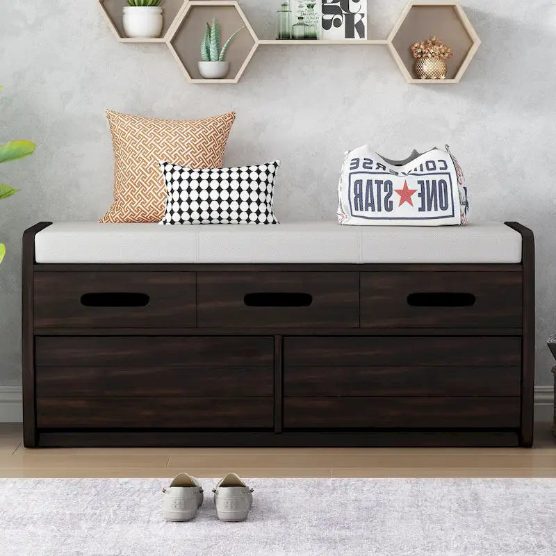 Banc de rangement rustique avec 2 tiroirs, espace de rangement dissimulé et 3 faux tiroirs sur le dessus