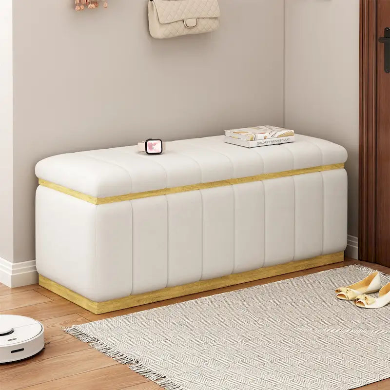 Banc en tissu de lin capitonné et bois massif