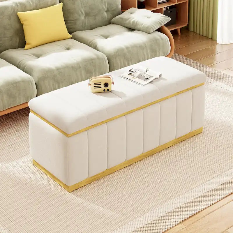 Banc en tissu de lin capitonné et bois massif