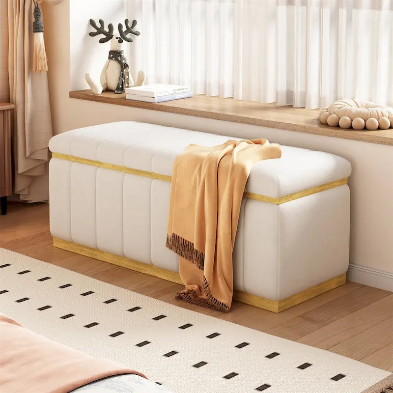 Banc en tissu de lin capitonné et bois massif
