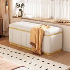 Banc en tissu de lin capitonné et bois massif
