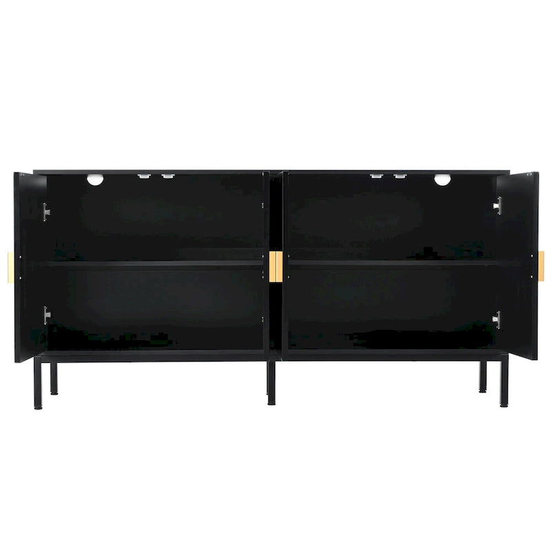 Buffet exquis à rayures verticales, quatre portes, pieds en métal robustes et poignées semi-circulaires, pour entrée et salon