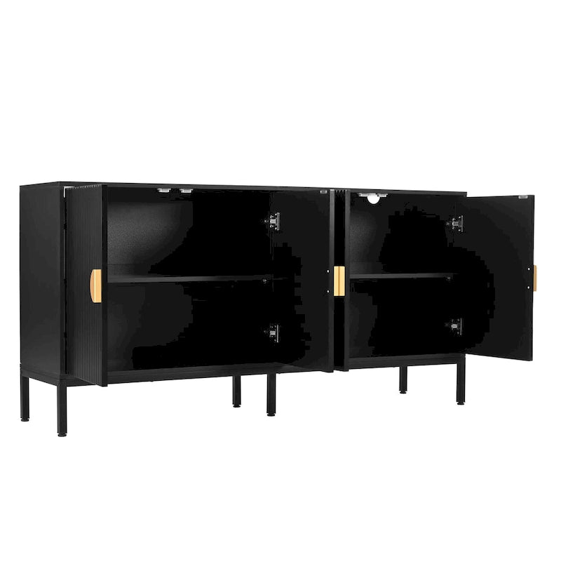 Buffet exquis à rayures verticales, quatre portes, pieds en métal robustes et poignées semi-circulaires, pour entrée et salon