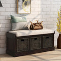 Banc de rangement rustique avec 3 paniers en rotin classiques amovibles, banc d'entrée avec coussin amovible