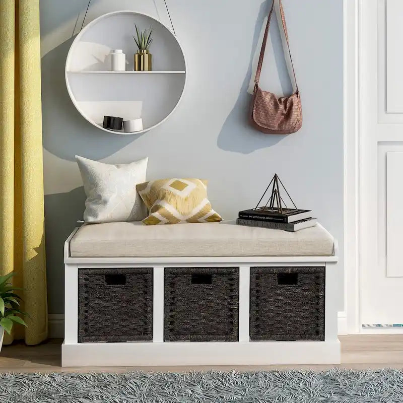 Banc de rangement rustique avec 3 paniers en rotin classiques amovibles, banc d'entrée avec coussin amovible