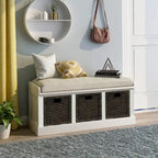 Banc de rangement rustique avec 3 paniers en rotin classiques amovibles, banc d'entrée avec coussin amovible
