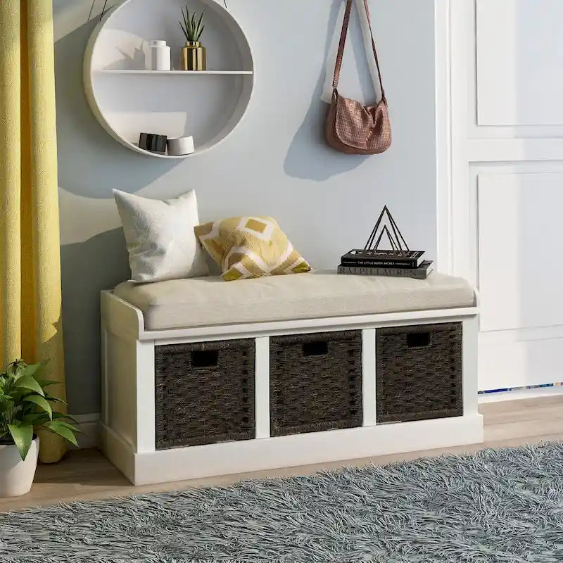 Banc de rangement rustique avec 3 paniers en rotin classiques amovibles, banc d'entrée avec coussin amovible