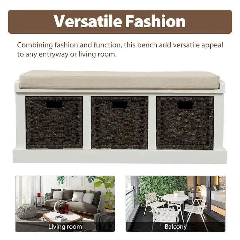 Banc de rangement rustique avec 3 paniers en rotin classiques amovibles, banc d'entrée avec coussin amovible