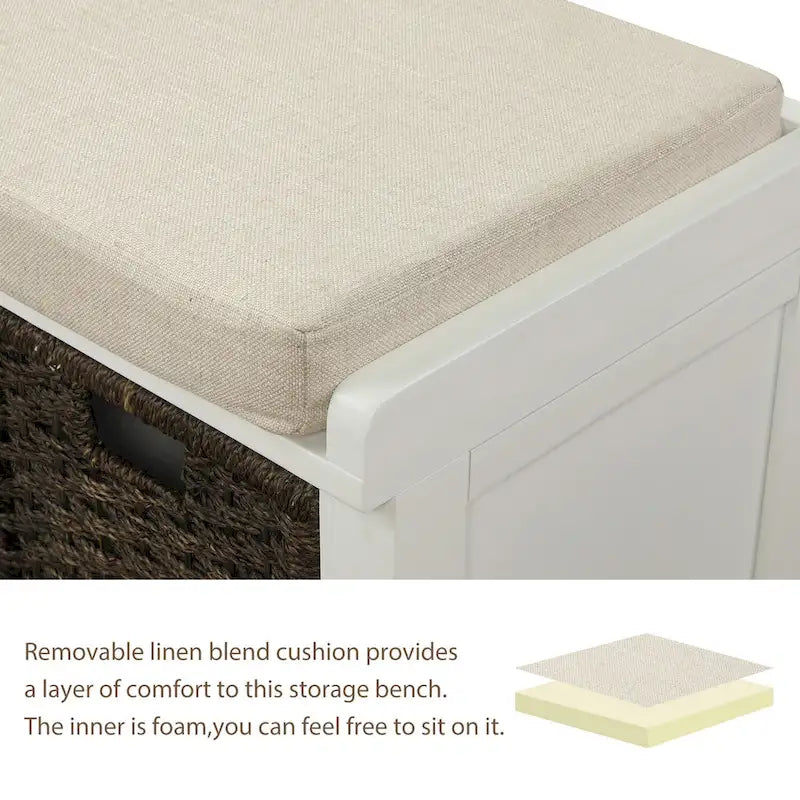 Banc de rangement rustique avec 3 paniers en rotin classiques amovibles, banc d'entrée avec coussin amovible