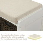 Banc de rangement rustique avec 3 paniers en rotin classiques amovibles, banc d'entrée avec coussin amovible
