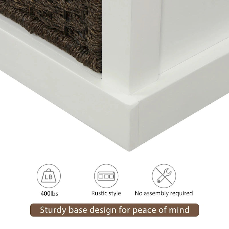 Banc de rangement rustique avec 3 paniers en rotin classiques amovibles, banc d'entrée avec coussin amovible