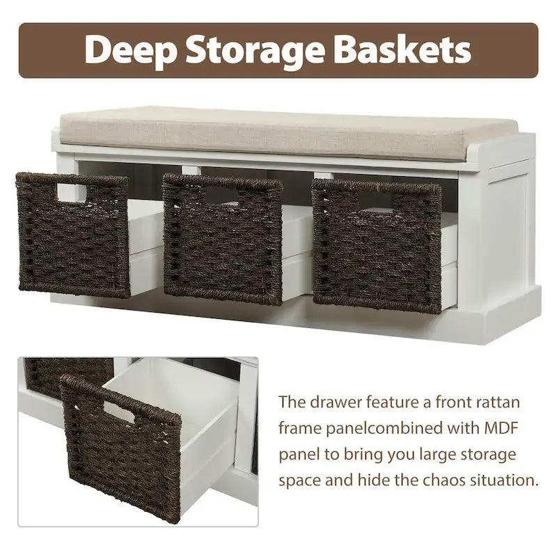 Banc de rangement rustique avec 3 paniers en rotin classiques amovibles, banc d'entrée avec coussin amovible