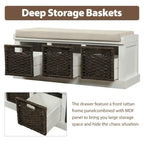 Banc de rangement rustique avec 3 paniers en rotin classiques amovibles, banc d'entrée avec coussin amovible