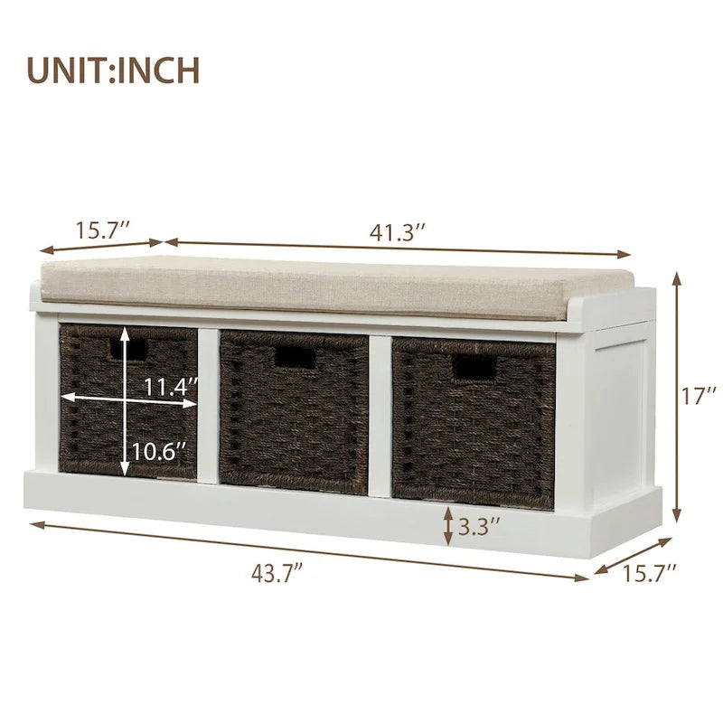 Banc de rangement rustique avec 3 paniers en rotin classiques amovibles, banc d'entrée avec coussin amovible
