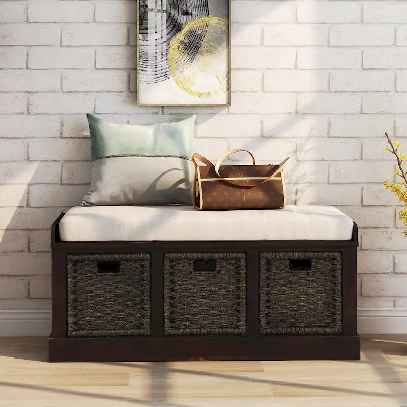 Banc de rangement rustique avec 3 paniers en rotin classiques amovibles, banc d'entrée avec coussin amovible