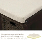 Banc de rangement rustique avec 3 paniers en rotin classiques amovibles, banc d'entrée avec coussin amovible