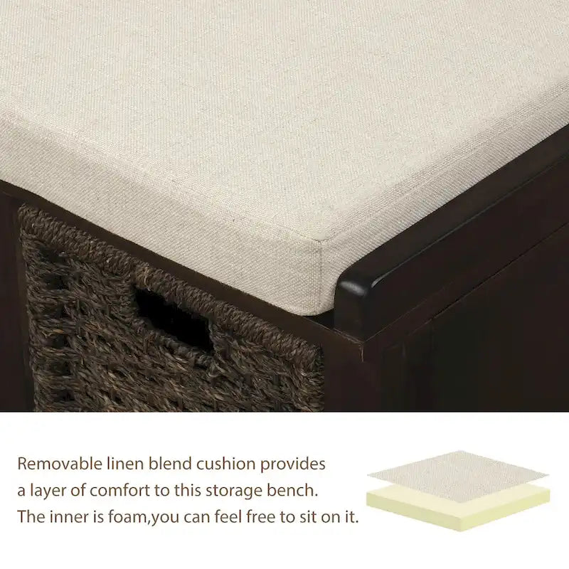 Banc de rangement rustique avec 3 paniers en rotin classiques amovibles, banc d'entrée avec coussin amovible