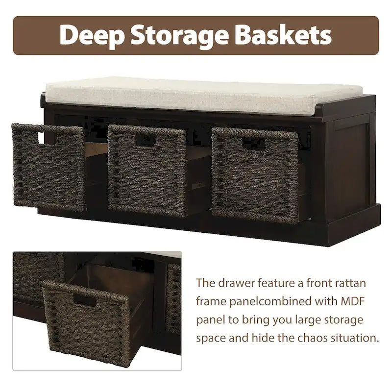 Banc de rangement rustique avec 3 paniers en rotin classiques amovibles, banc d'entrée avec coussin amovible