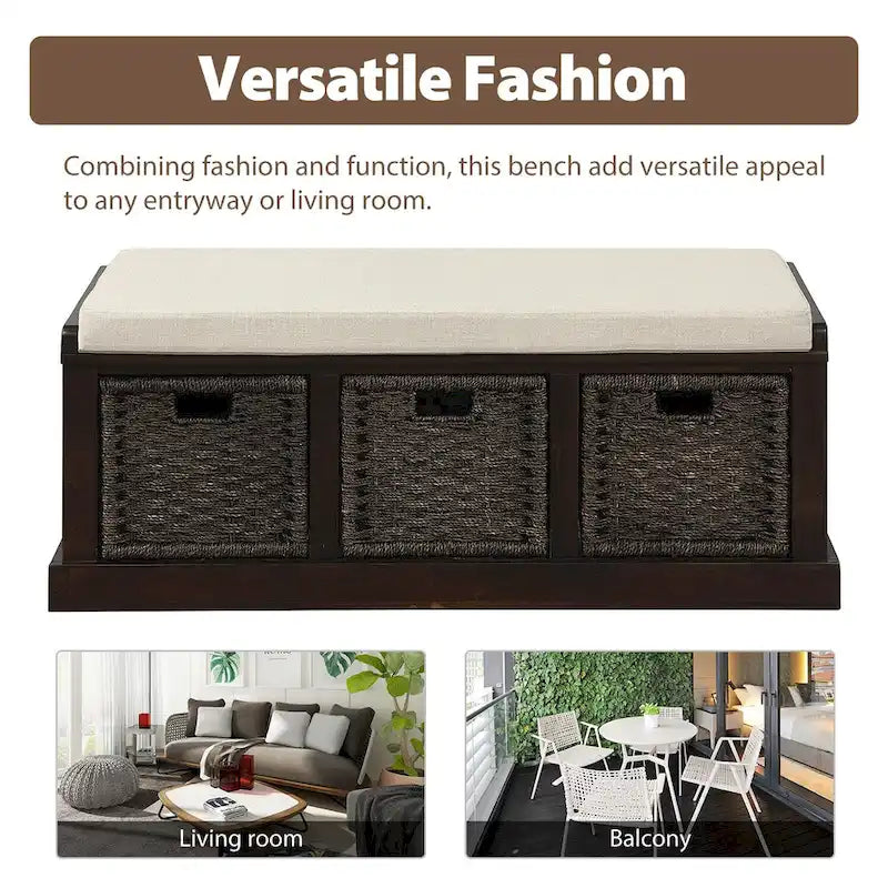 Banc de rangement rustique avec 3 paniers en rotin classiques amovibles, banc d'entrée avec coussin amovible