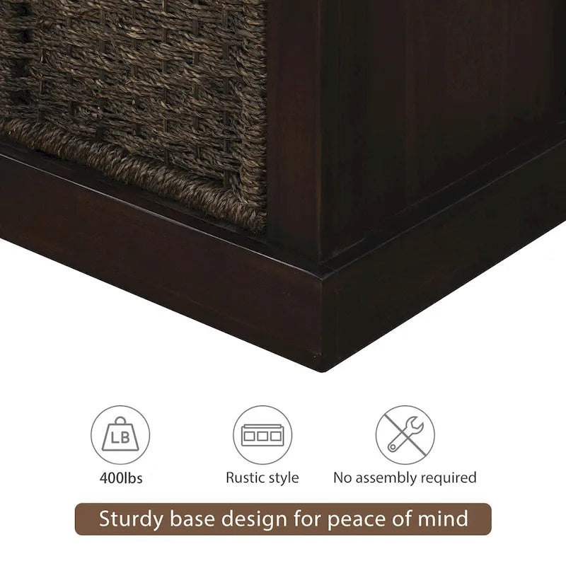 Banc de rangement rustique avec 3 paniers en rotin classiques amovibles, banc d'entrée avec coussin amovible