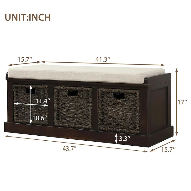 Banc de rangement rustique avec 3 paniers en rotin classiques amovibles, banc d'entrée avec coussin amovible