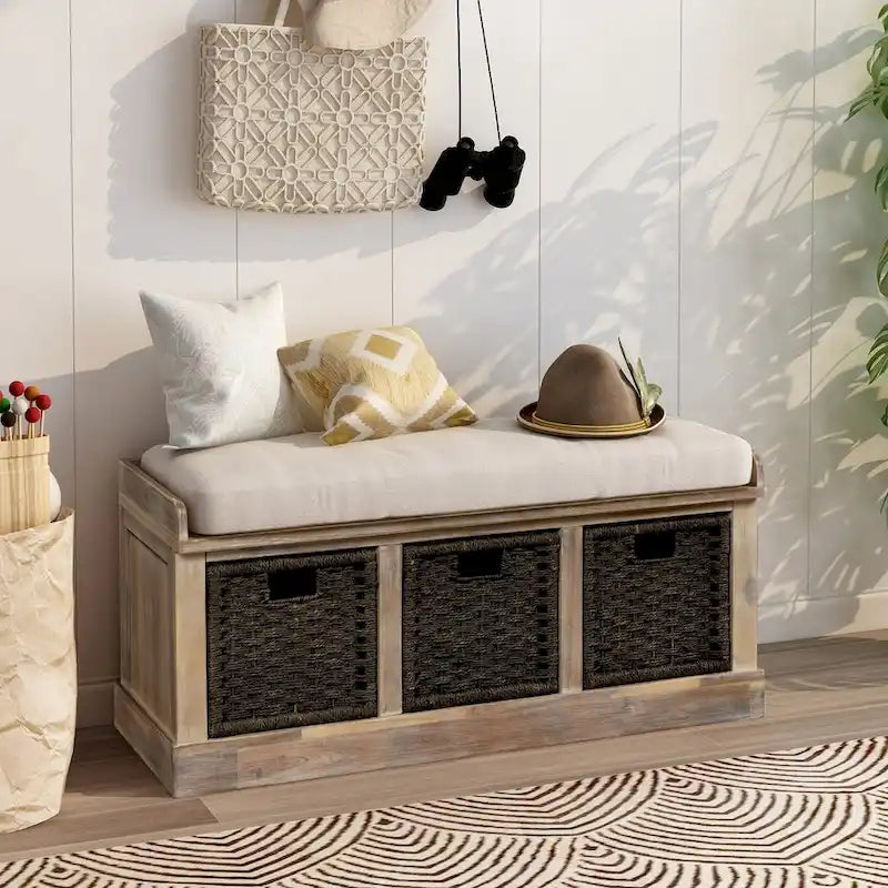 Banc de rangement rustique avec 3 paniers en rotin classiques amovibles, banc d'entrée avec coussin amovible