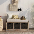 Banc de rangement rustique avec 3 paniers en rotin classiques amovibles, banc d'entrée avec coussin amovible