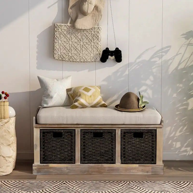 Banc de rangement rustique avec 3 paniers en rotin classiques amovibles, banc d'entrée avec coussin amovible