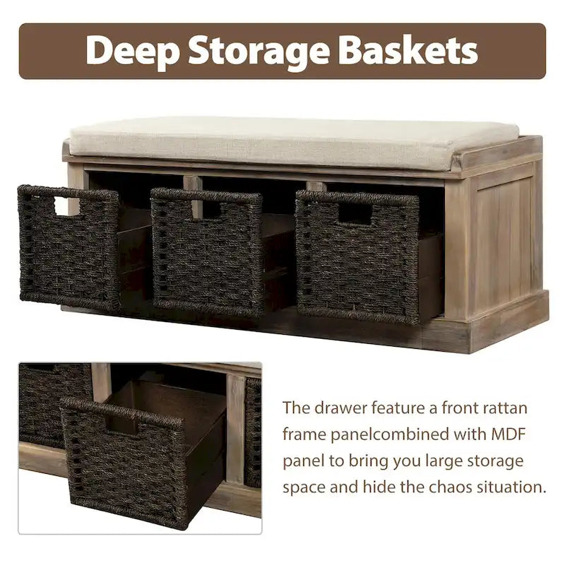 Banc de rangement rustique avec 3 paniers en rotin classiques amovibles, banc d'entrée avec coussin amovible