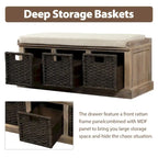 Banc de rangement rustique avec 3 paniers en rotin classiques amovibles, banc d'entrée avec coussin amovible