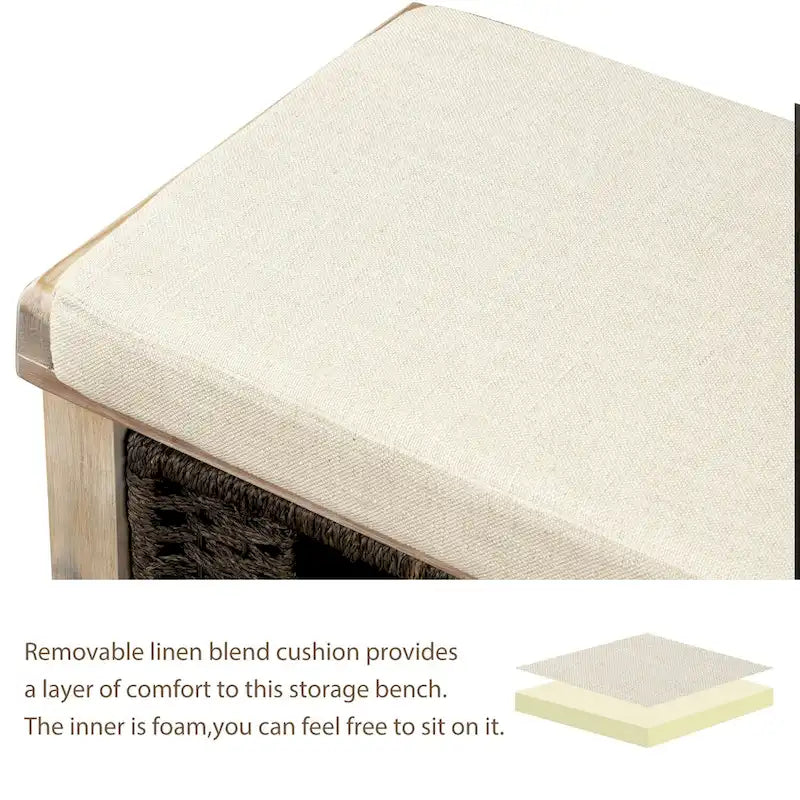 Banc de rangement rustique avec 3 paniers en rotin classiques amovibles, banc d'entrée avec coussin amovible