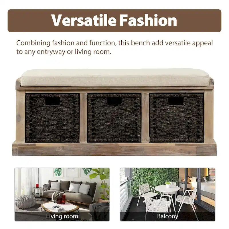 Banc de rangement rustique avec 3 paniers en rotin classiques amovibles, banc d'entrée avec coussin amovible