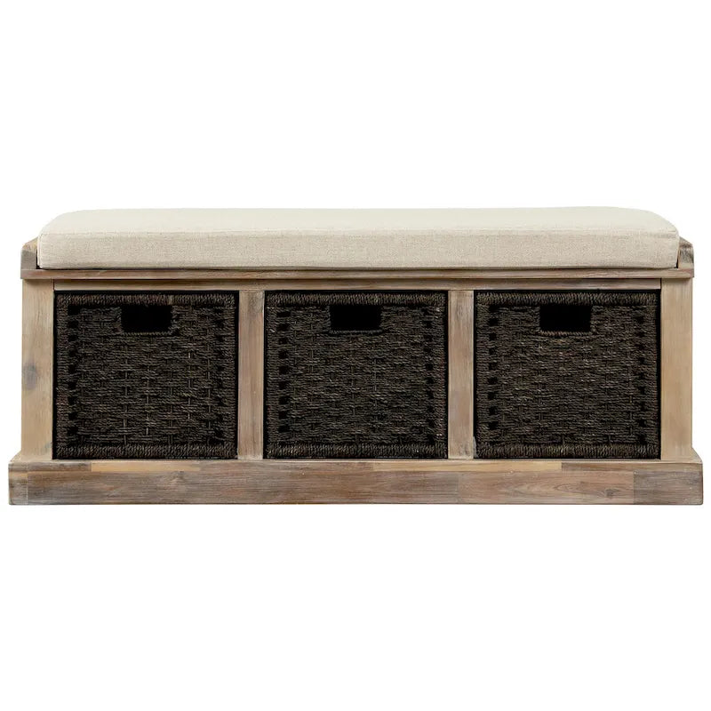 Banc de rangement rustique avec 3 paniers en rotin classiques amovibles, banc d'entrée avec coussin amovible