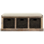 Banc de rangement rustique avec 3 paniers en rotin classiques amovibles, banc d'entrée avec coussin amovible