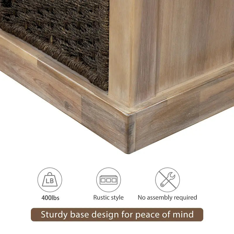 Banc de rangement rustique avec 3 paniers en rotin classiques amovibles, banc d'entrée avec coussin amovible