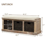 Banc de rangement rustique avec 3 paniers en rotin classiques amovibles, banc d'entrée avec coussin amovible