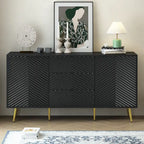 Buffet avec motif géométrique, pieds coniques en métal et tiroirs centraux pour un rangement élégant, idéal pour l'entrée et le salon