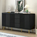 Buffet avec motif géométrique, pieds coniques en métal et tiroirs centraux pour un rangement élégant, idéal pour l'entrée et le salon
