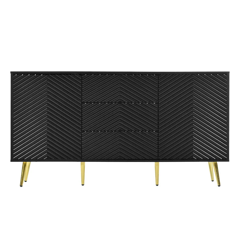 Buffet avec motif géométrique, pieds coniques en métal et tiroirs centraux pour un rangement élégant, idéal pour l'entrée et le salon