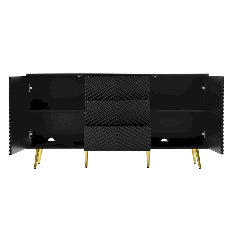 Buffet avec motif géométrique, pieds coniques en métal et tiroirs centraux pour un rangement élégant, idéal pour l'entrée et le salon