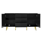 Buffet avec motif géométrique, pieds coniques en métal et tiroirs centraux pour un rangement élégant, idéal pour l'entrée et le salon
