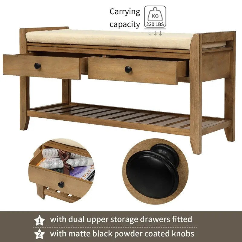 Banc de rangement d'entrée, meuble à chaussures avec assise coussinée et tiroirs