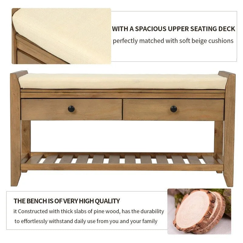 Banc de rangement d'entrée, meuble à chaussures avec assise coussinée et tiroirs