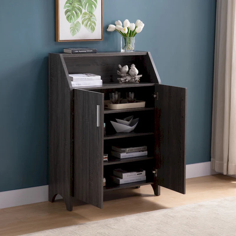 Meuble à chaussures en bois à deux portes avec quatre étagères intérieures, pouvant contenir 10 paires de chaussures, pour salon, entrée, chambre à coucher
