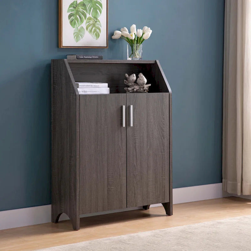 Meuble à chaussures en bois à deux portes avec quatre étagères intérieures, pouvant contenir 10 paires de chaussures, pour salon, entrée, chambre à coucher